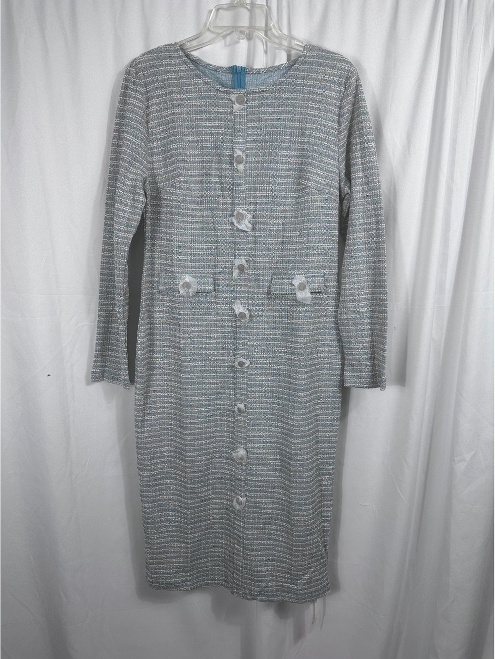NEW Long Sleeve Button Front Tweed Dress with Metallic Detail Size Large